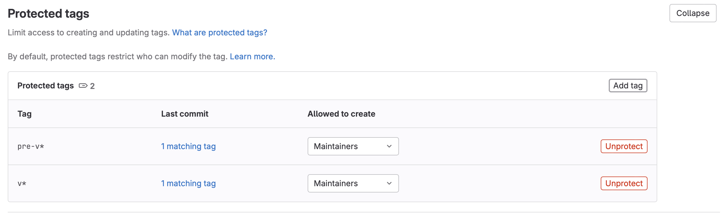 Illustration of protected tags in GitLab