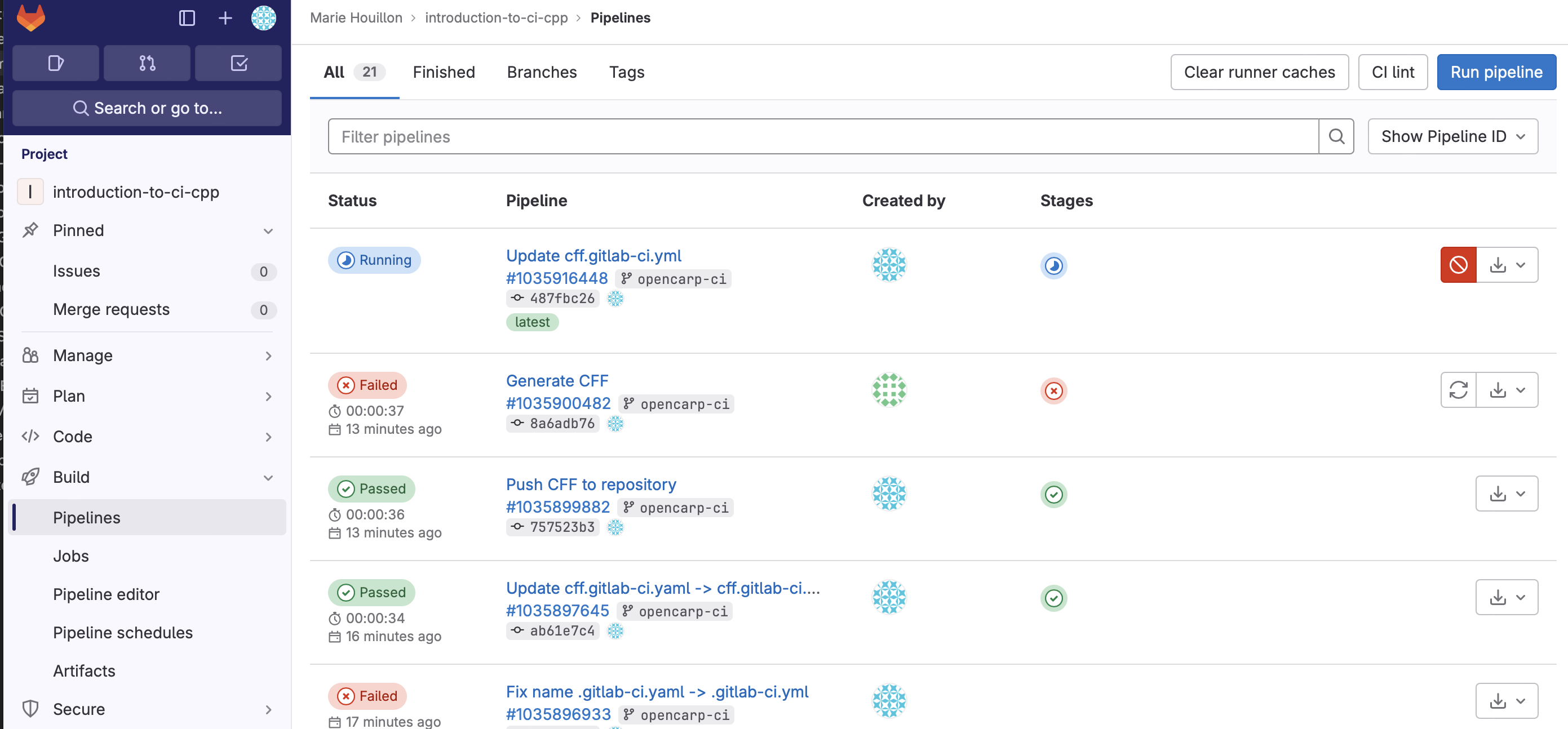 GitLab interface for CI pipelines